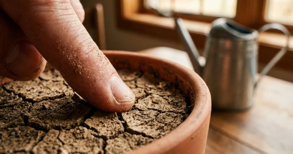 Using the finger test method to check soil moisture before watering indoor vegetables in winter.