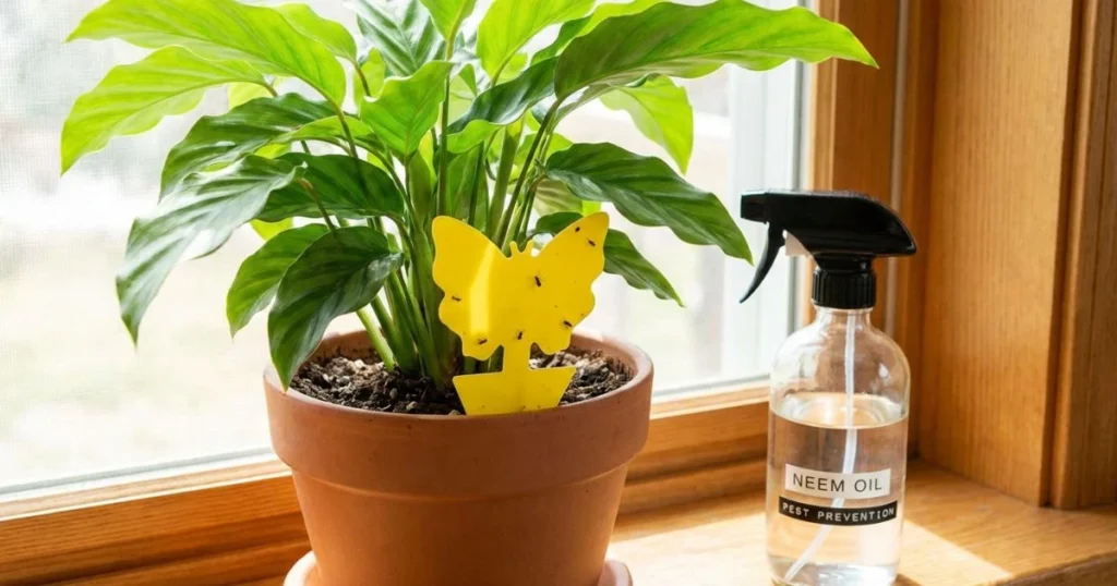 Yellow sticky traps placed in a plant pot to catch fungus gnats and manage indoor garden pests.