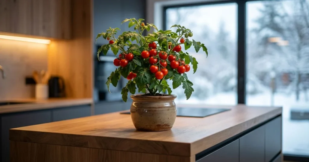 A vibrant indoor tomato plant (micro-dwarf variety) growing in a pot under LED lights, filled with ripe red cherry tomatoes.
