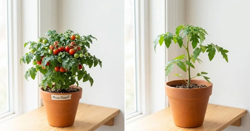 A compact micro-dwarf indoor tomato plant growing in a small pot on a wooden shelf