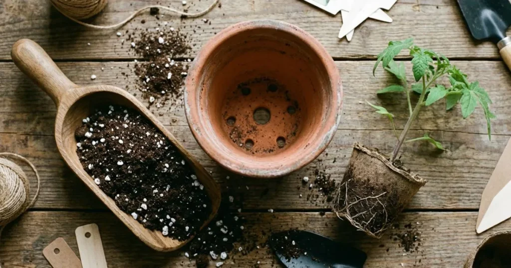 Potting supplies for an indoor tomato plant, including a sterile soil mix with white perlite and a container with drainage holes.