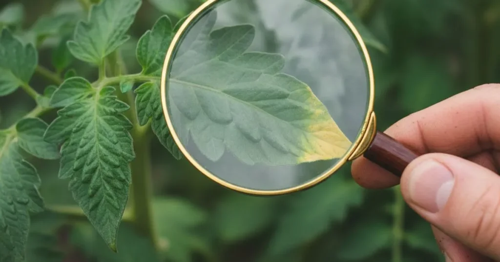 A gardener inspecting a yellowing leaf on an indoor tomato plant with a magnifying glass to diagnose nutrient deficiencies or pests.