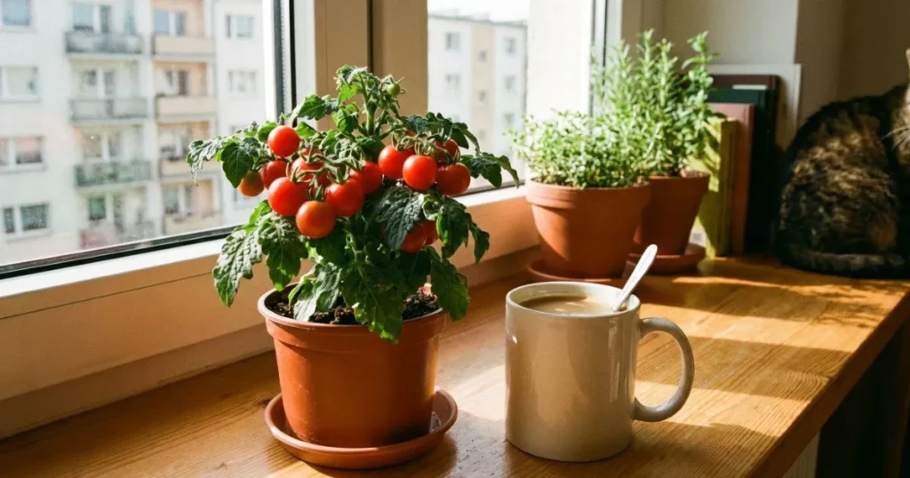 A compact micro-dwarf tomato plant growing in a small pot on a windowsill, perfect for indoor gardening.