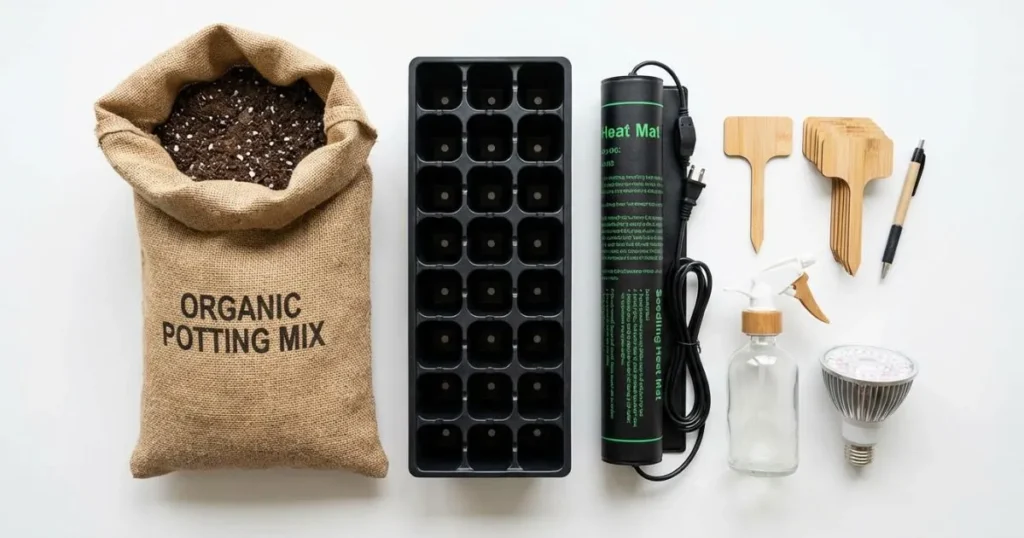 Flat lay of essential gardening tools including a heat mat, seed tray, and potting soil for starting tomato seeds.