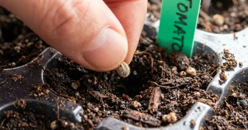 A gardener's hand placing a single tomato seed into moist potting mix at the correct depth.