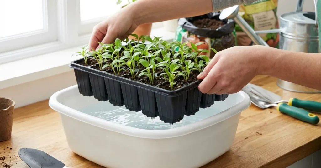 A seed tray being bottom-watered in a basin to encourage deep root growth and prevent mold.