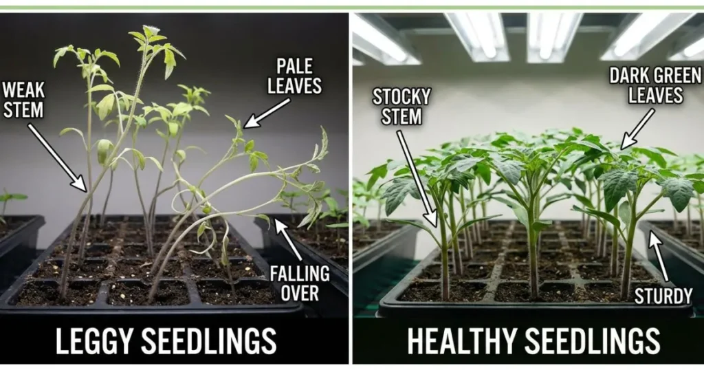 A comparison showing a healthy stocky tomato seedling next to a weak, leggy seedling caused by low light.