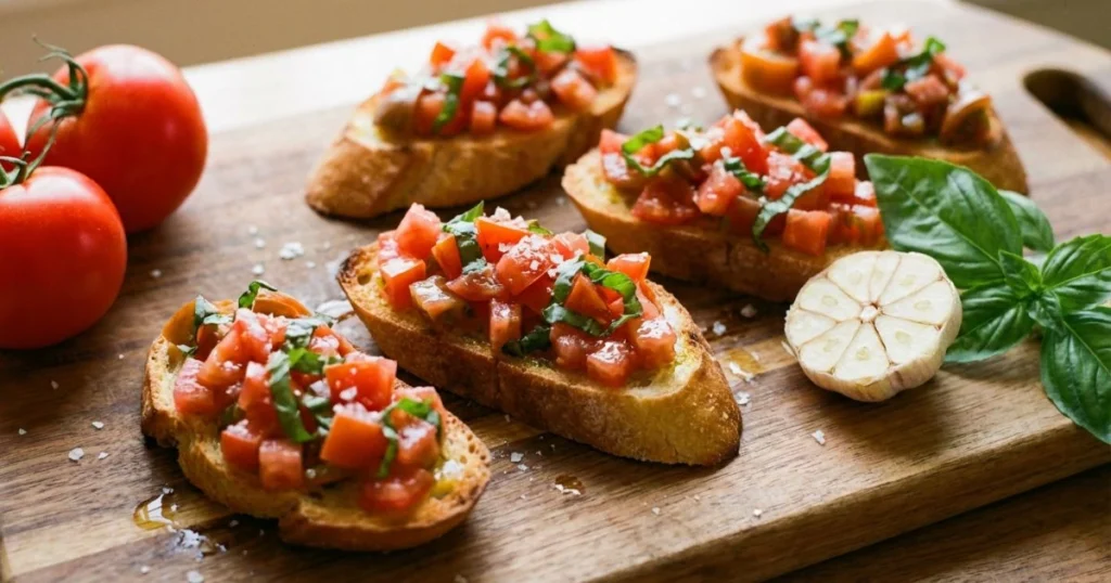 Toasted bruschetta topped with fresh indoor-grown diced tomatoes, basil, and olive oil.
