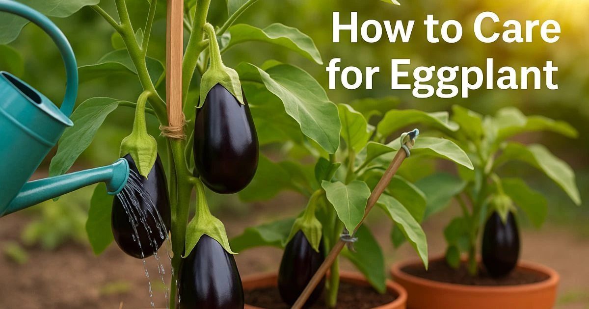 Eggplant growing in a container, demonstrating how to care eggplant with proper sunlight and watering.