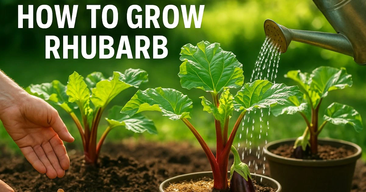 Container-grown rhubarb plant showing healthy growth — how to grow rhubarb successfully at home.