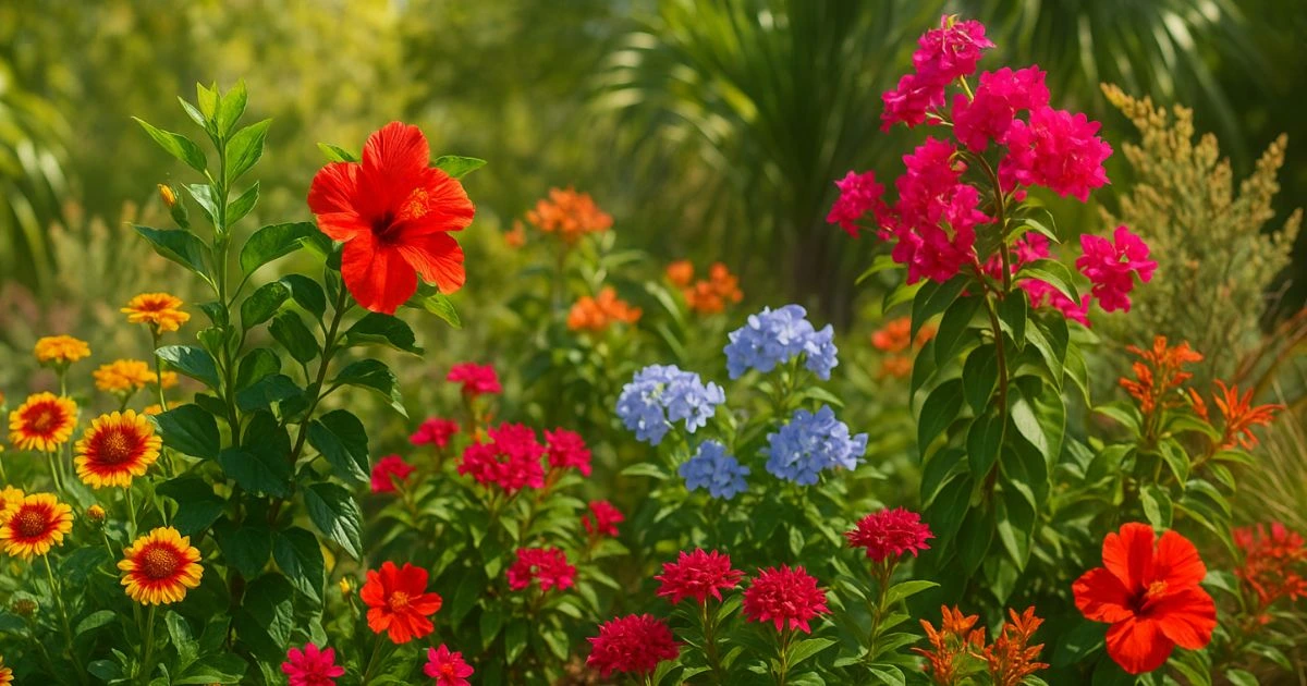 Florida flowers that bloom all year in a vibrant garden with hibiscus, pentas, lantana, and bougainvillea.