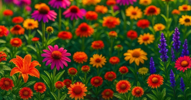 Summer garden filled with full sun perennial flowers including coneflowers, lantana, coreopsis, and blanket flowers.