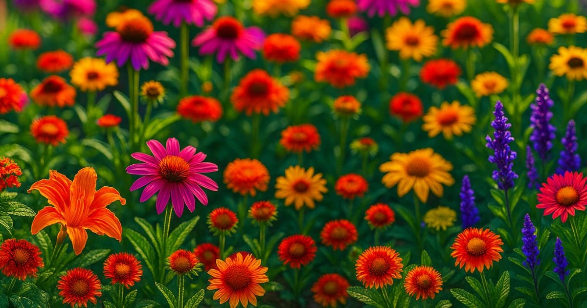 Summer garden filled with full sun perennial flowers including coneflowers, lantana, coreopsis, and blanket flowers.