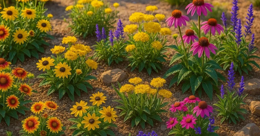 Bright summer garden filled with the best flowers for full sun including zinnias, coneflowers, lantana, and blanket flowers.