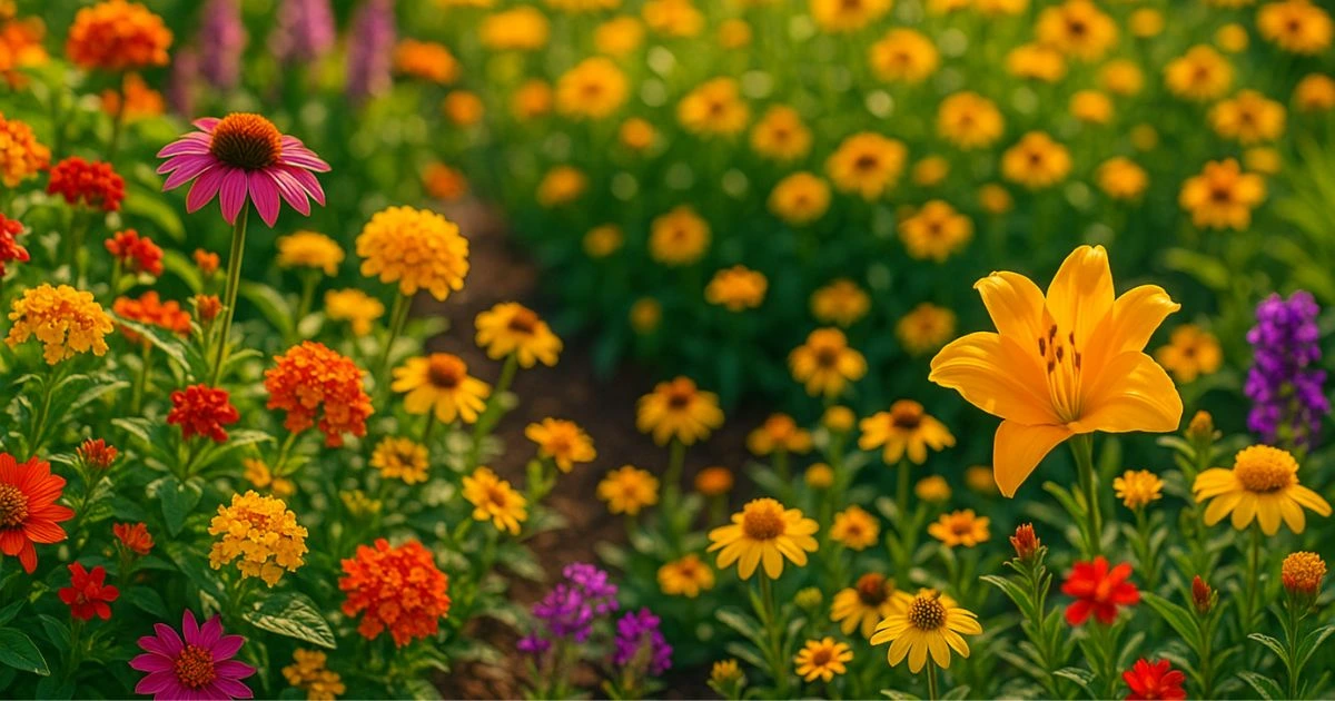 Full sunlight flowers blooming in a summer garden including zinnias, coneflowers, black-eyed Susans, and lantana.