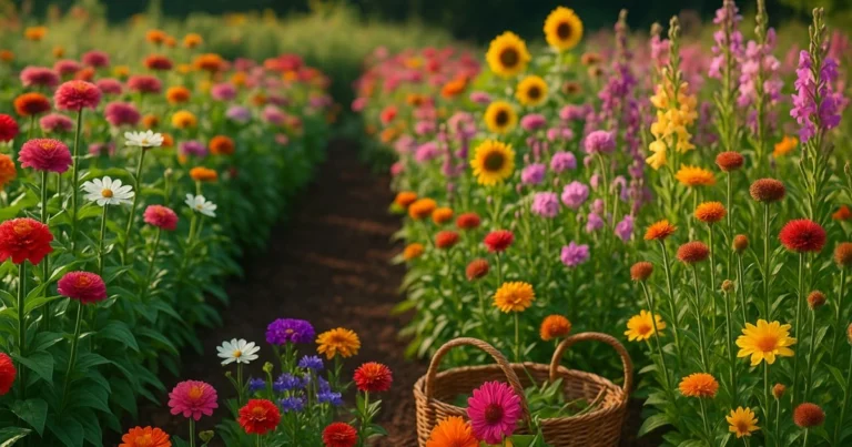 Cutting flowers garden with zinnias, sunflowers, and cosmos growing in organized rows in bright summer sunlight.