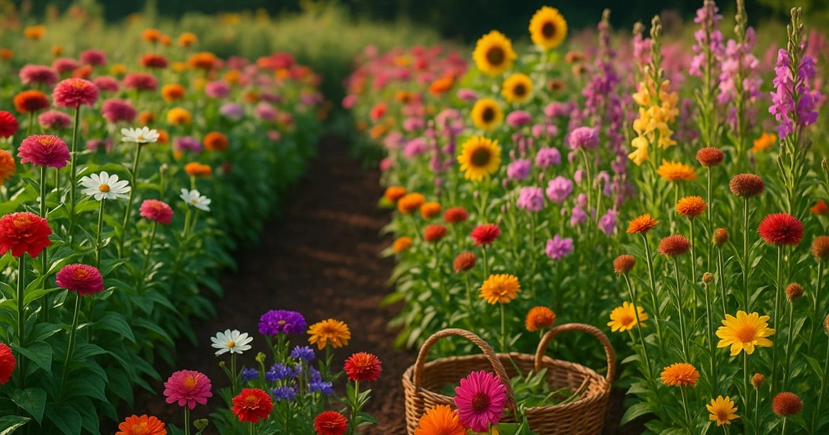 Cutting flowers garden with zinnias, sunflowers, and cosmos growing in organized rows in bright summer sunlight.