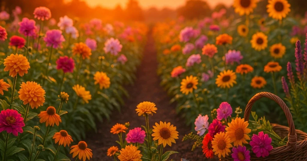 Cutting flowers garden with zinnias, sunflowers, and cosmos growing in organized rows in bright summer sunlight.