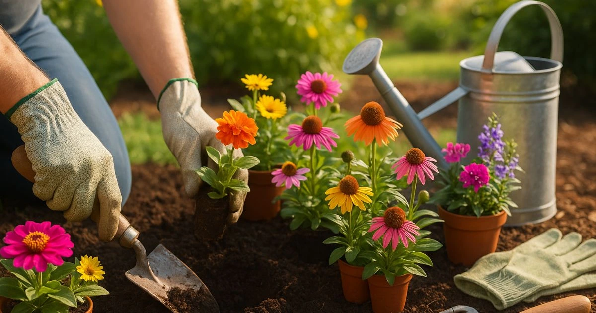 Beginner planting a flower garden with zinnias, daisies, and marigolds arranged in rows with fresh soil and gardening tools.