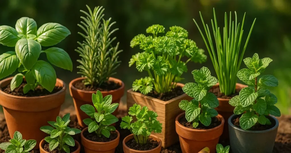 Herb planters filled with basil, rosemary, and parsley arranged on a sunny patio.