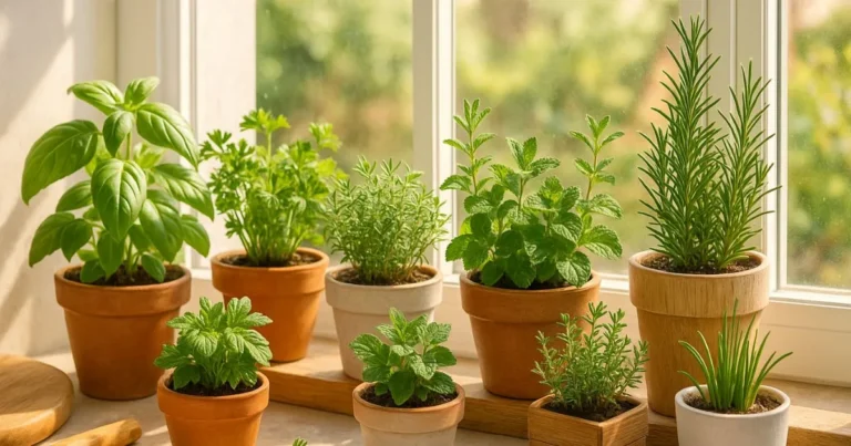 Indoor herb planters on a kitchen windowsill with thriving mint and thyme plants.