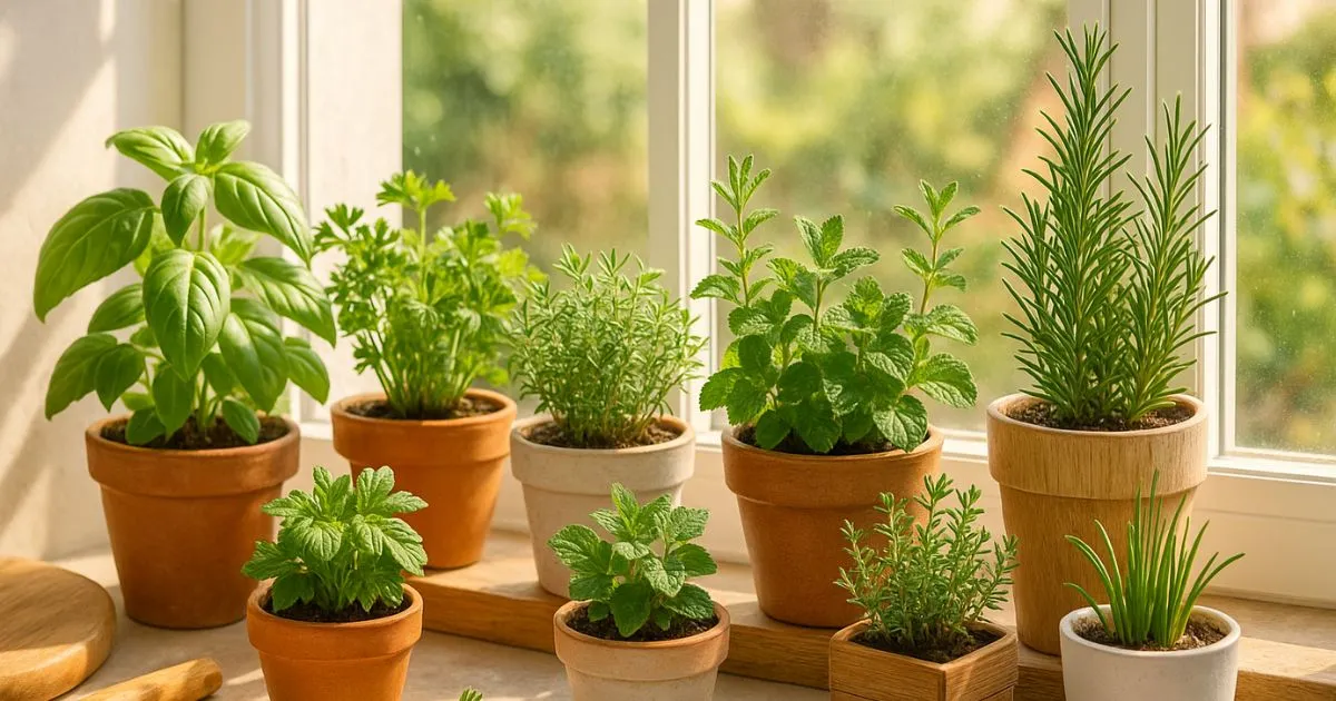 Indoor herb planters on a kitchen windowsill with thriving mint and thyme plants.