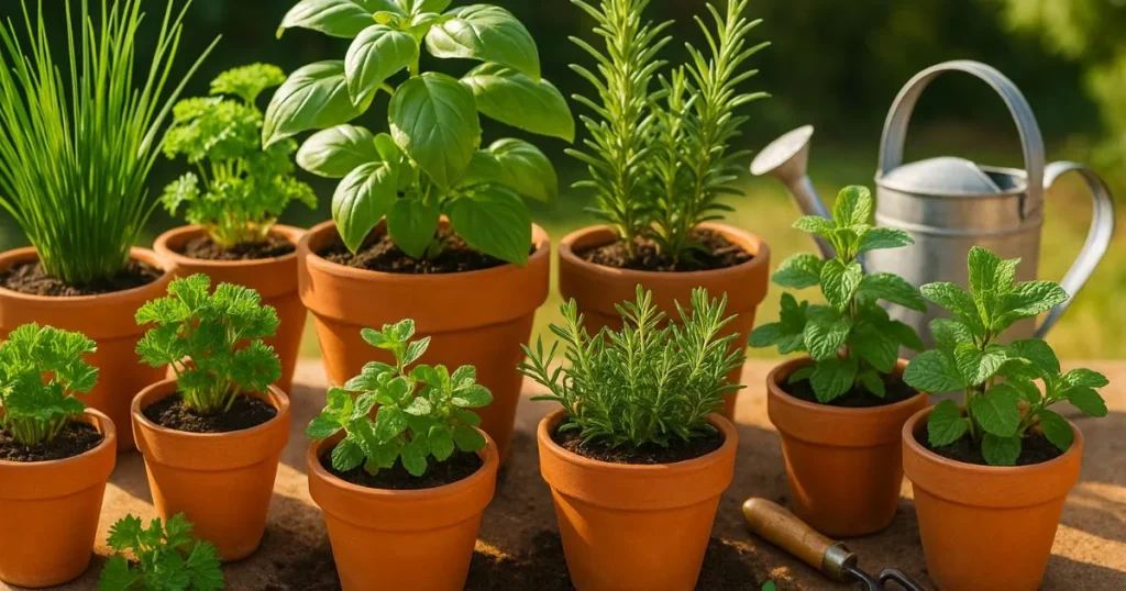 Terracotta herb planters filled with rosemary, thyme, and oregano placed on a sunny patio.