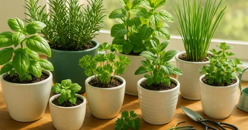 ceramic herb pots growing basil, parsley, and chives on an outdoor table.