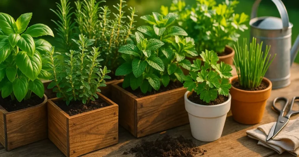 Wooden herb boxes with mixed herbs including mint, sage, and cilantro arranged on a porch.