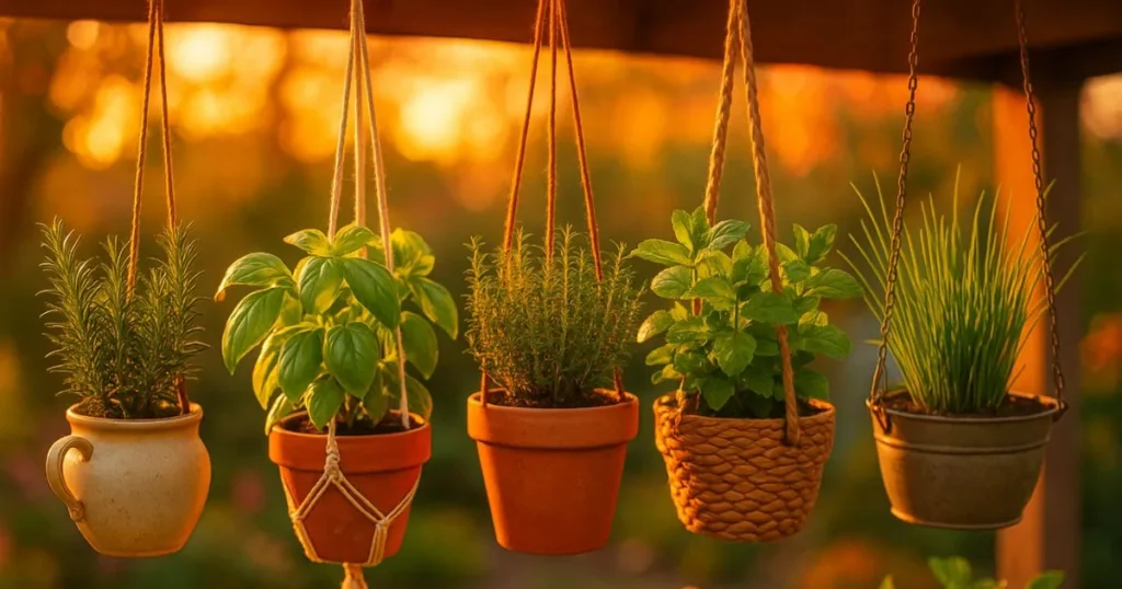 Hanging herb planters with cascading mint and leafy basil suspended on a balcony.