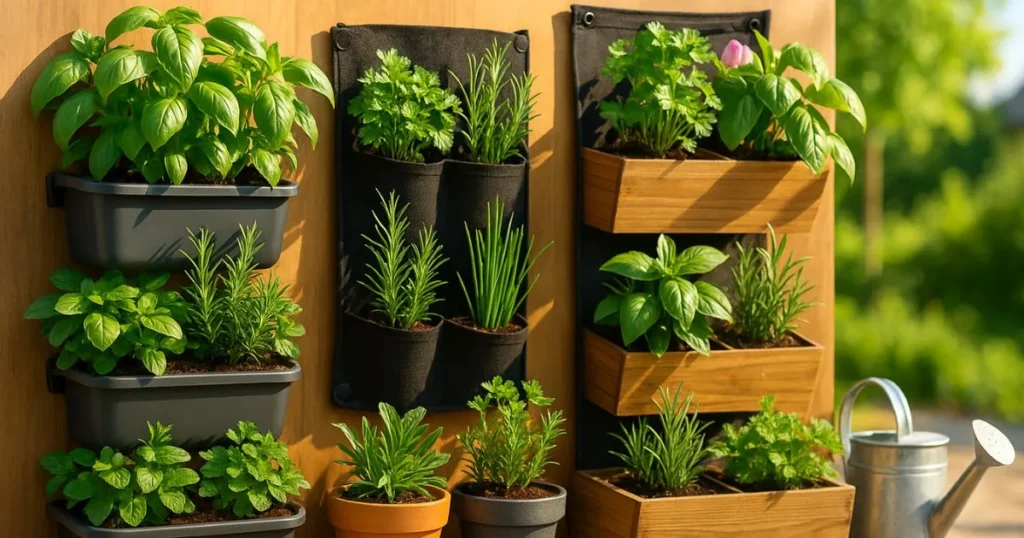 Vertical herb planter with multiple pockets holding thriving thyme, oregano, and dill.