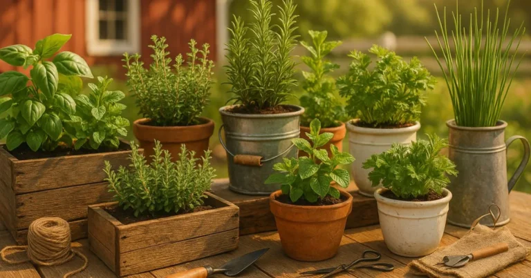 Growing herbs in containers on a balcony with basil, mint, and parsley in terracotta pots.