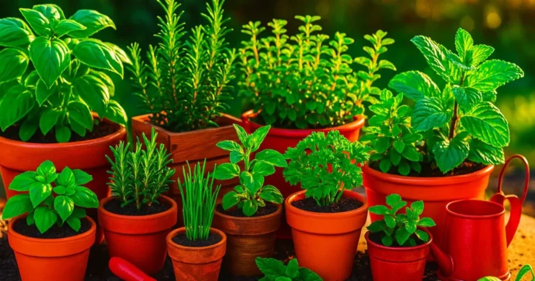 Potted herb garden on a sunny patio with basil, rosemary, and mint growing in terracotta pots.