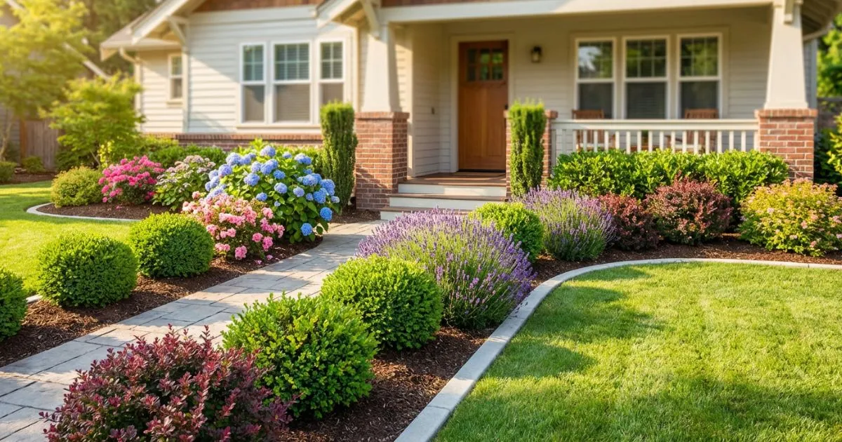 Shrubs for front of house arranged with hydrangeas, boxwoods, and flowers in a curved flower bed.