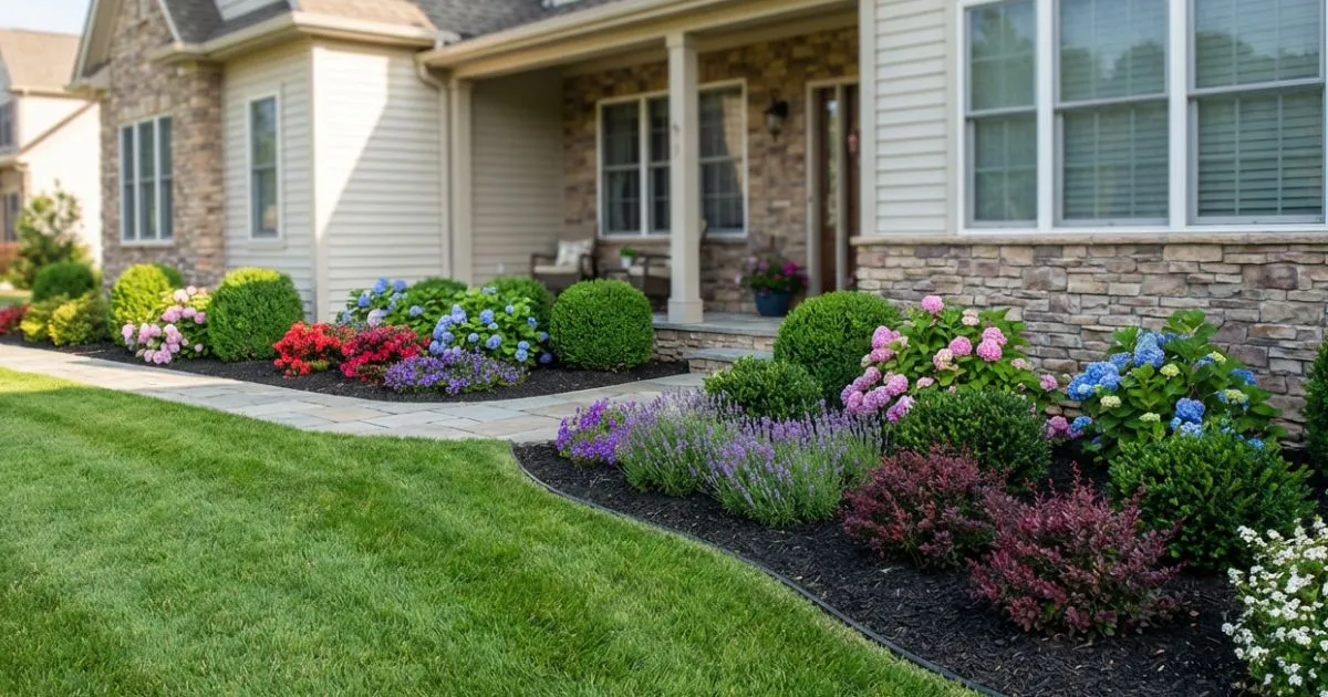 Beautiful front yard plants arranged in colorful layered flower beds for a welcoming home entrance.