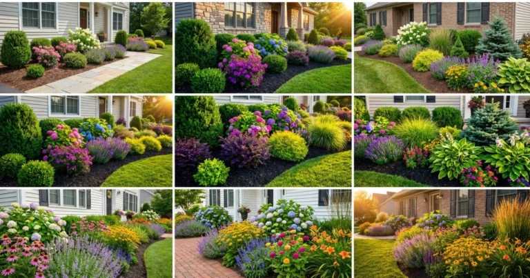 Flowers for front yard arranged in colorful layered flower beds enhancing home curb appeal.
