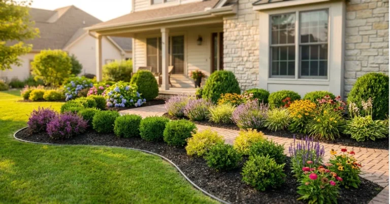 Landscaping shrubs front of house arranged with colorful flower beds for enhanced curb appeal.
