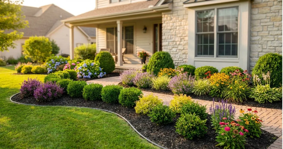 Landscaping shrubs front of house arranged with colorful flower beds for enhanced curb appeal.