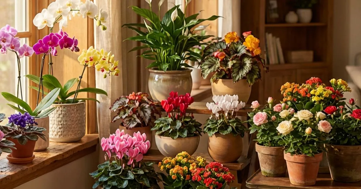 Flowers to grow indoors arranged on shelves and windowsills in bright natural light.