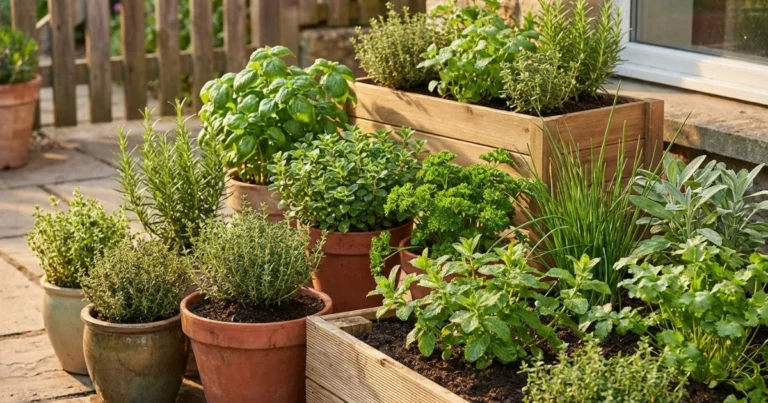 Best herbs to plant in full sun, featuring rosemary, thyme, basil, lavender, and oregano growing in a bright outdoor herb garden.