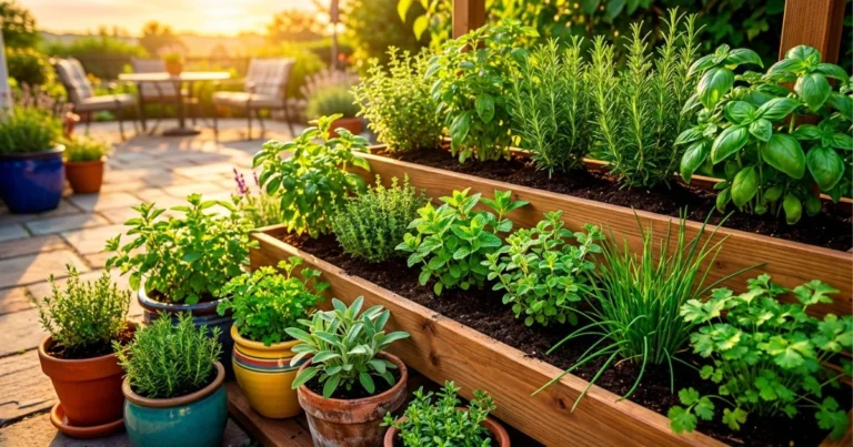 Herb garden idea featuring full sun herbs like rosemary, thyme, basil, and lavender growing in raised beds and containers.