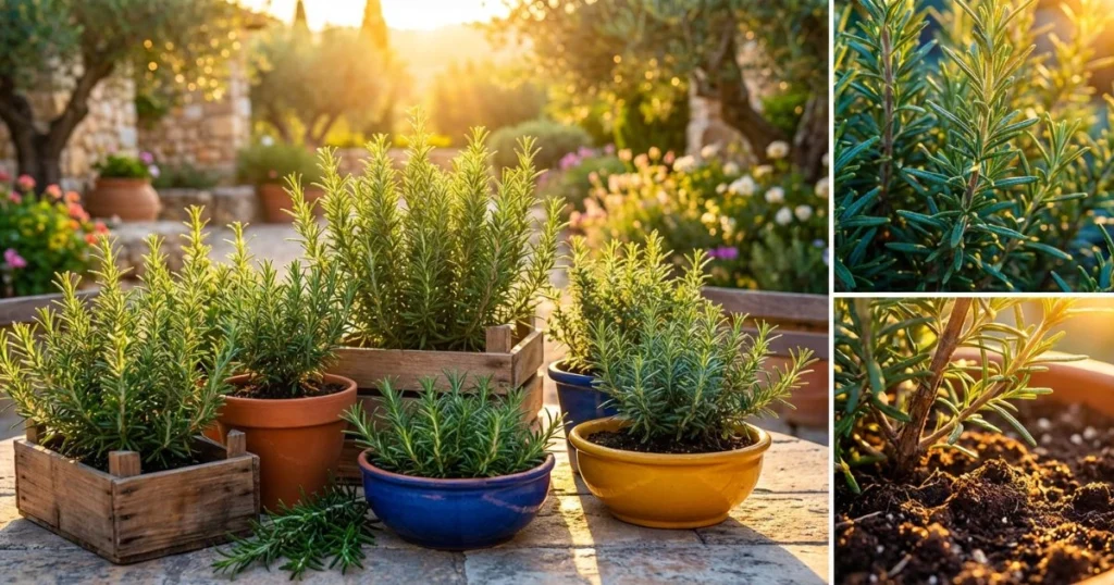 Potted rosemary herbs growing in full sun on a patio, displayed in colorful containers and wooden planters with warm sunlight in the background.