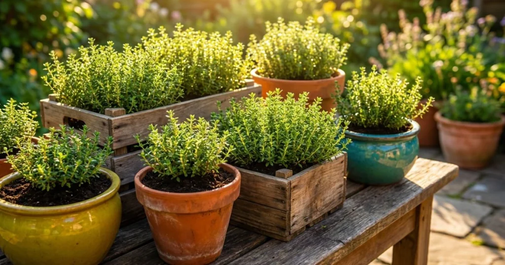 Potted thyme herbs growing in full sun on a wooden table, displayed in terracotta and colorful planters in a bright garden.