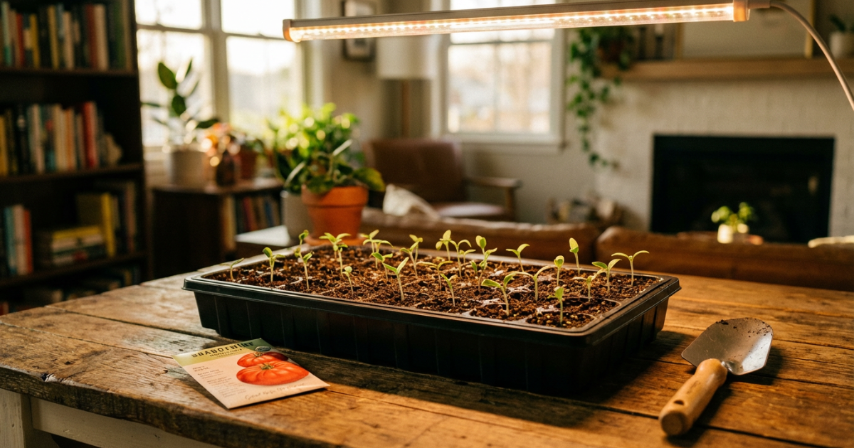 A close-up of healthy green tomato seedlings sprouting in a starter tray under LED grow lights, demonstrating how to start tomato seeds successfully.