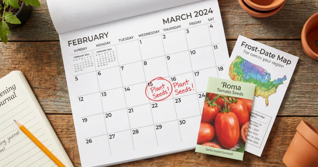 A gardening calendar marked with seed planting dates for tomatoes based on the last frost date.