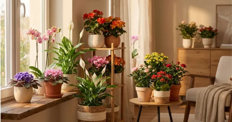 Home flowering plants displayed indoors on shelves and windowsills with colorful easy-to-grow blooms.