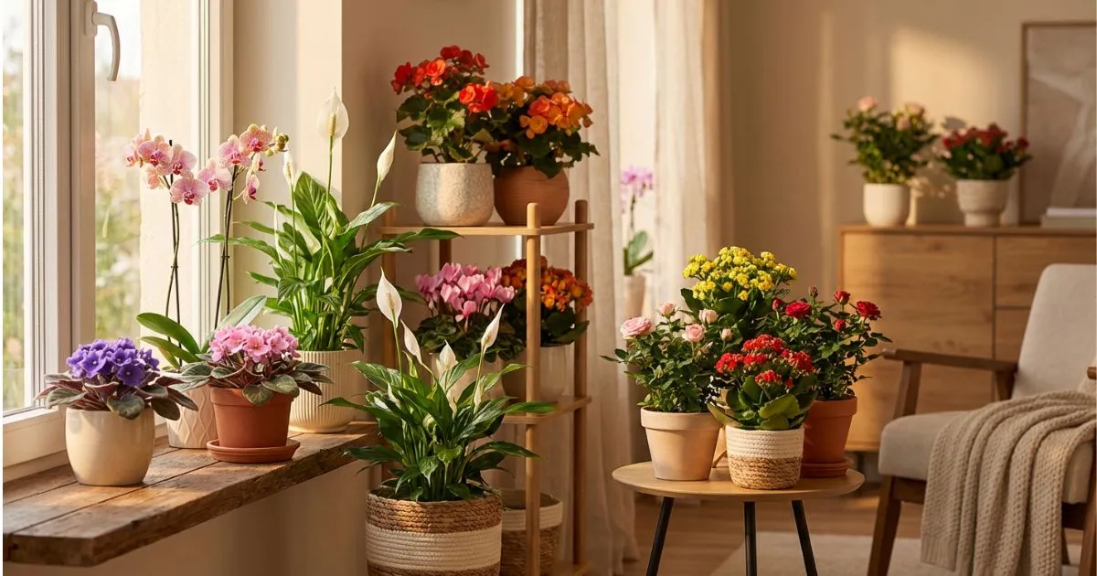 Home flowering plants displayed indoors on shelves and windowsills with colorful easy-to-grow blooms.