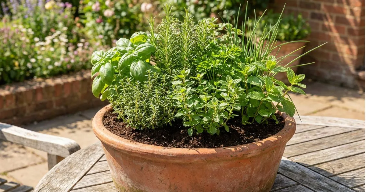Herbs in a pot arranged on a windowsill with fresh basil, mint, rosemary, and thyme growing in colorful planters.