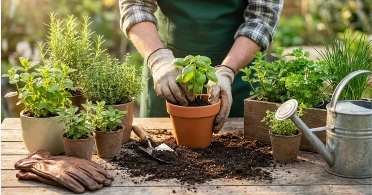 Planting herbs in pots on a balcony with basil, rosemary, thyme, and parsley growing in garden herb planters.