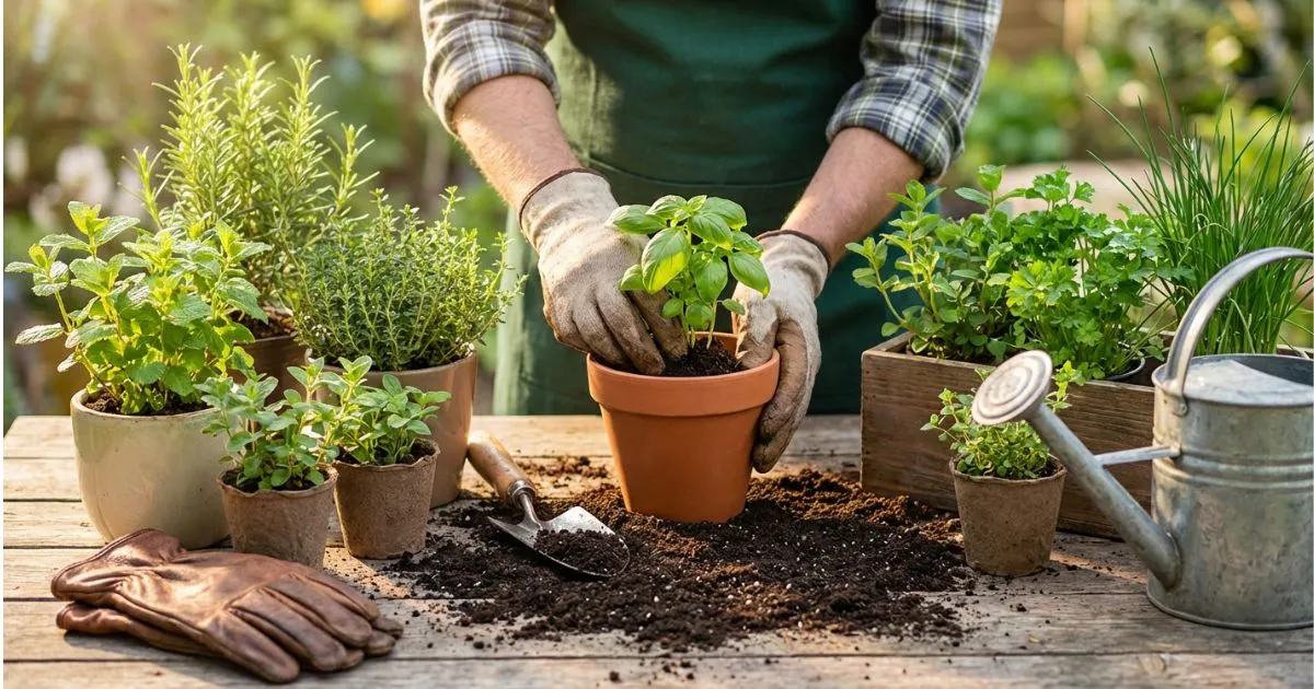 Planting herbs in pots on a balcony with basil, rosemary, thyme, and parsley growing in garden herb planters.